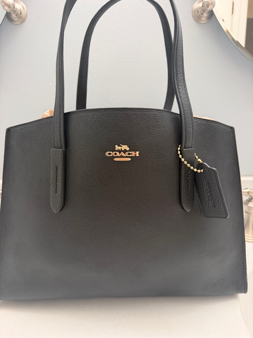 Coach Black Leather Structured Tote with Gold Logo